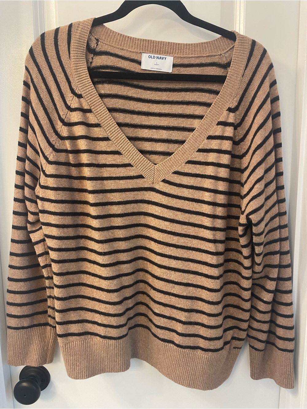 Old Navy Camel and Black Striped V-Neck Sweater